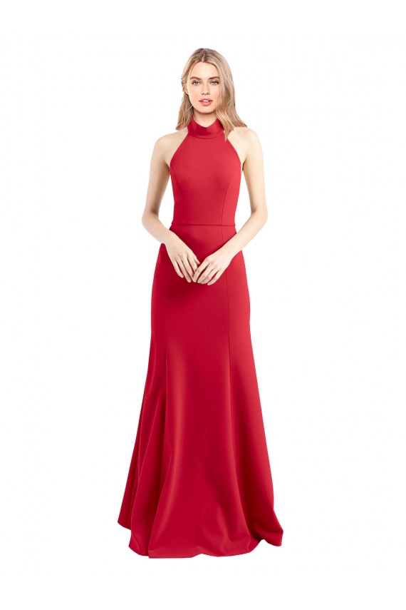 Cheap Sleek Fit and Flare High Neck Halter Stretch Crepe Prom Dress with Open Back UK