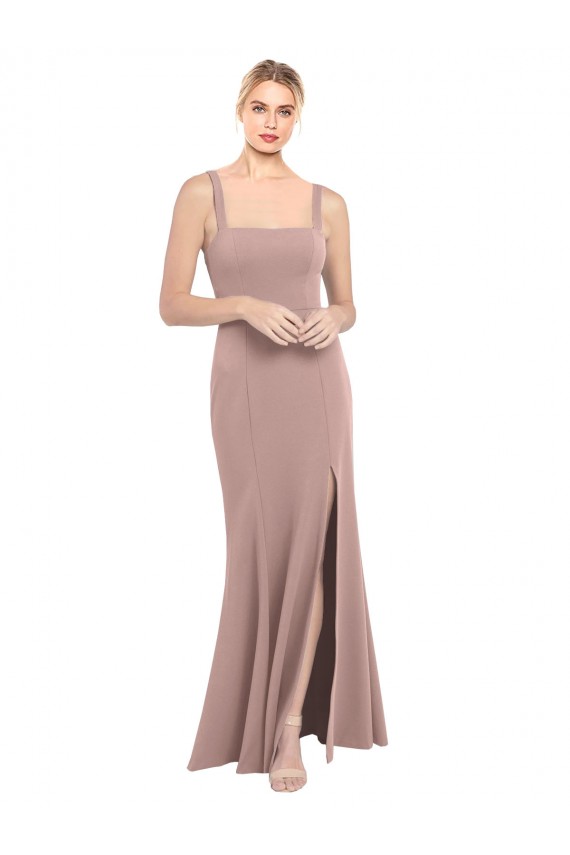 Cheap Square Neck Fit and Flare Long Stretch Crepe Prom Dress with Side Slit UK