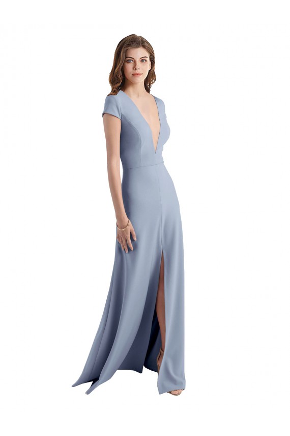 Cheap Plunging V-Neck Cap Sleeves Stretch Crepe Prom Dress with Front Slit UK