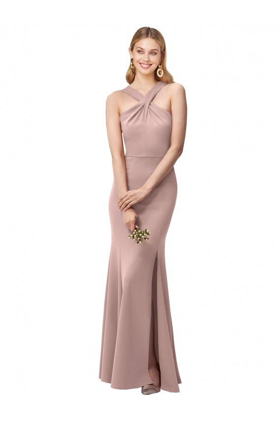 Cheap Long Floor Length High Neck Fit and Flare Stretch Crepe Prom Dress with Side Slit UK
