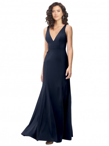 Cheap Classic V-Neck Long Stretch Crepe Prom Dress with V-Back UK