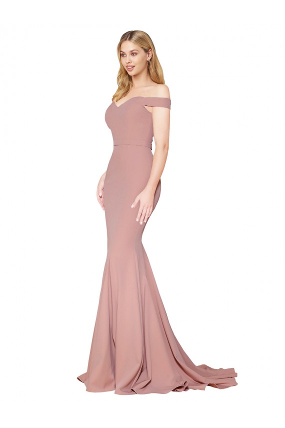 Cheap Off the Shoulder Sweetheart Long Sweep Train Crepe Prom Dress UK