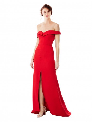 Cheap Off the Shoulder Chapel Train Crepe Prom Dress with Thigh-High slit UK