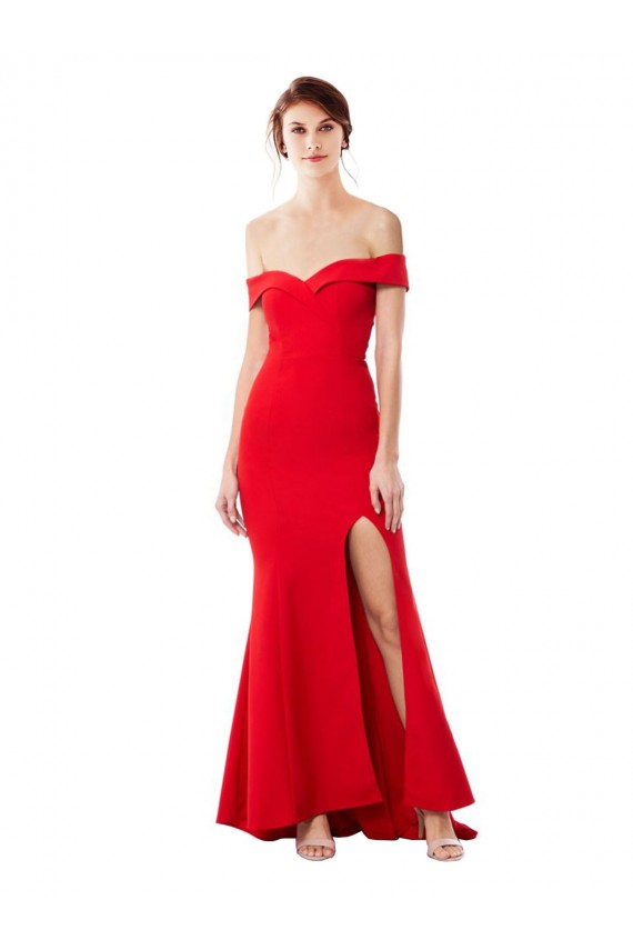 Cheap Off the Shoulder Sweetheart Maxi Crepe Prom Dress With Thigh Split and Train UK