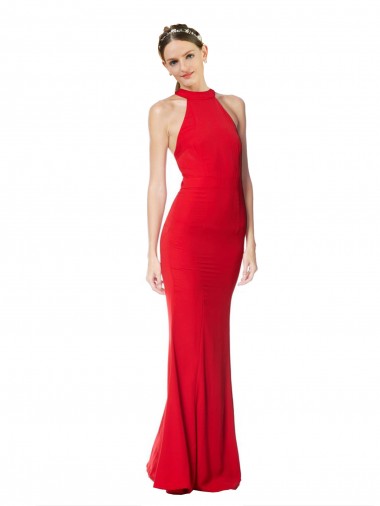 Cheap Halter Neck Keyhole Back Sleeveless Crepe Maxi Prom Dress UK