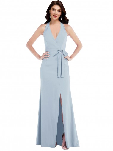 Cheap Open Back Halter Maxi Crepe Prom Dress with Draped Bow UK