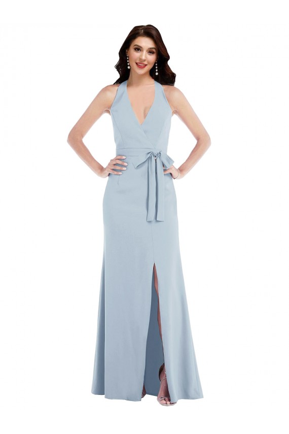 Cheap Open Back Halter Maxi Crepe Prom Dress with Draped Bow UK