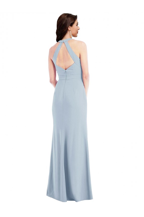 Cheap Open Back Halter Maxi Crepe Prom Dress with Draped Bow UK