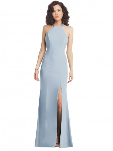 Cheap High Neck Halter Crepe Prom Dress with Twist Criss Cross Back UK