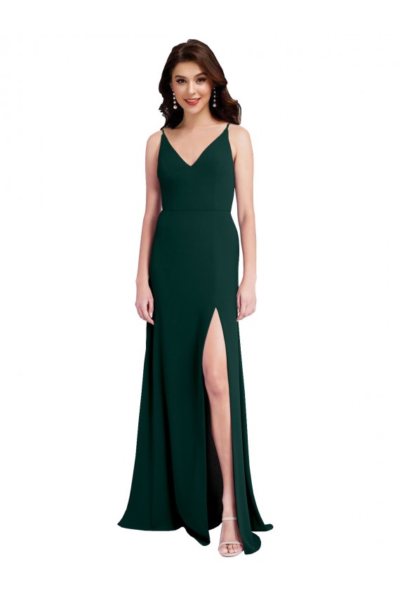 Cheap Slim A-Line V-Neck Full Length Crepe Prom Dress with Side Slit UK