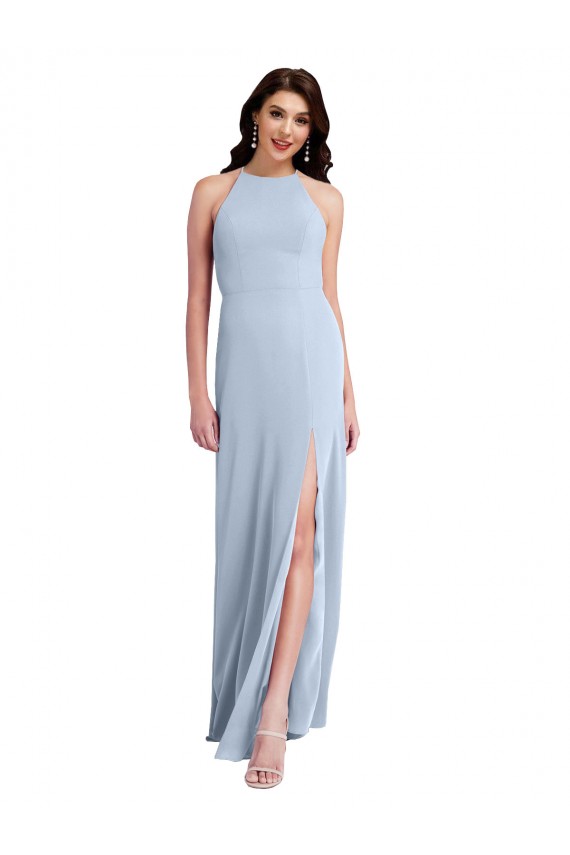 Cheap Fit and Flare High Neck Crepe Prom Dress with Side Slit UK
