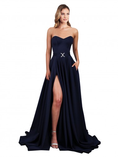 Cheap Sweetheart Neckline Low Back Long Crepe Prom Dress with High Leg Spit & Pockets UK