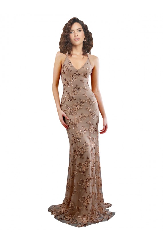 Cheap Floral Patterned Backless V-Neckline Sequin Prom Dress UK