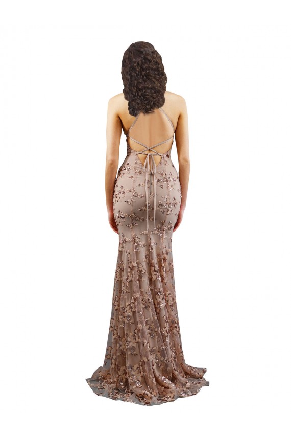 Cheap Floral Patterned Backless V-Neckline Sequin Prom Dress UK