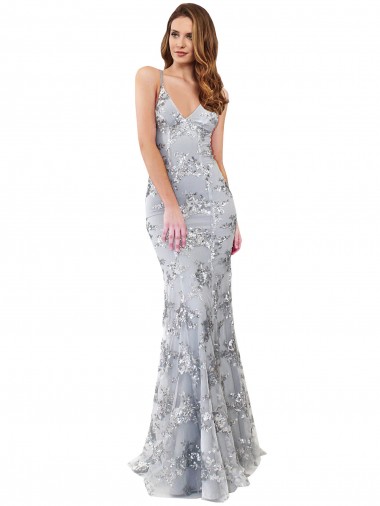 Cheap Silver V-Neckline Backless Floral Patterned Sequin Prom Dress UK