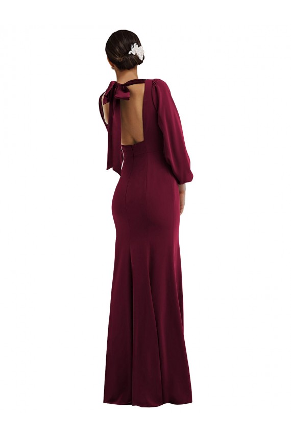 Cheap Bishop Sleeve Open Back Trumpet Crepe Prom Dress with Scarf Tie UK