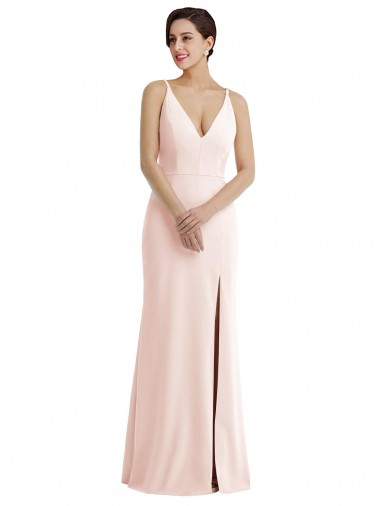 Cheap Skinny Strap Deep V-Neck Trumpet Crepe Prom Dress with Front Slit UK