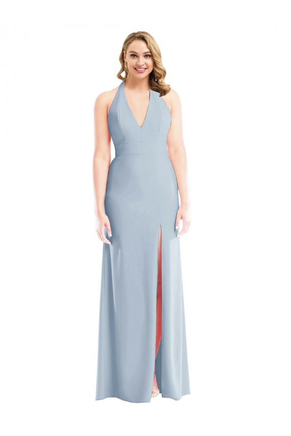 Cheap Plunge Neck Halter Backless Trumpet Prom Dress with Front Slit UK