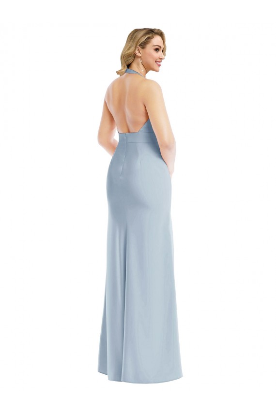 Cheap Plunge Neck Halter Backless Trumpet Prom Dress with Front Slit UK