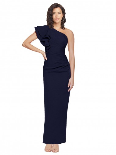 Cheap Ruched Floor Length Long Crepe Prom Dress with Shoulder Ruffles UK