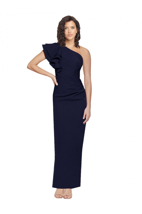 Cheap Ruched Floor Length Long Crepe Prom Dress with Shoulder Ruffles UK