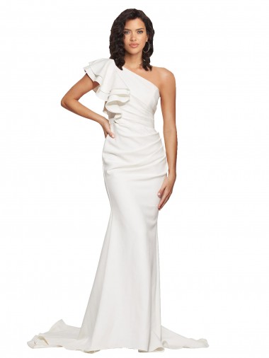 Cheap Ruched Long Sweep Train Crepe Prom Dress with Shoulder Ruffles UK