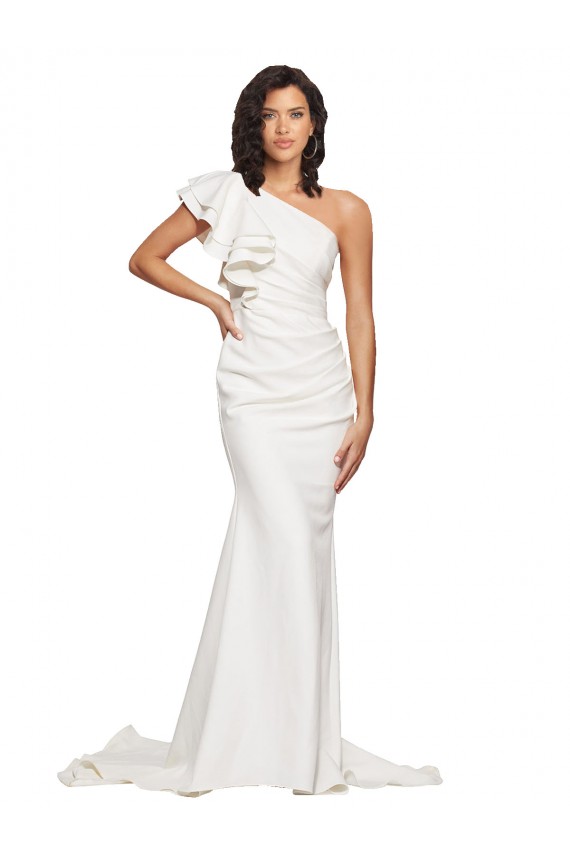 Cheap Ruched Long Sweep Train Crepe Prom Dress with Shoulder Ruffles UK