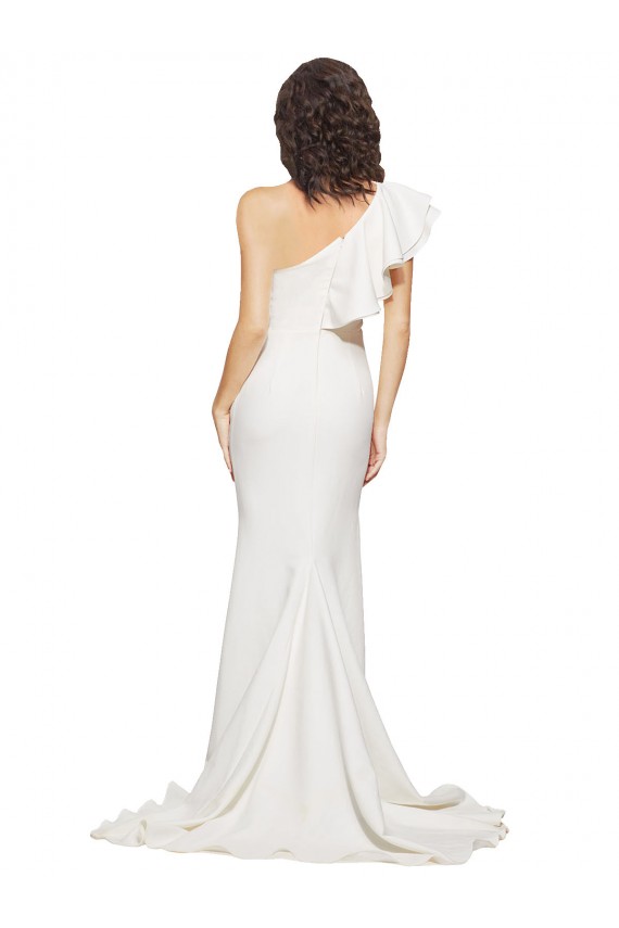 Cheap Ruched Long Sweep Train Crepe Prom Dress with Shoulder Ruffles UK