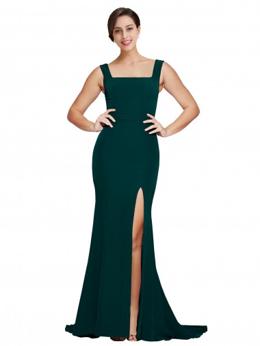 Cheap Fitted Square Neck Long Crepe Prom Dress with Train and Side Split UK