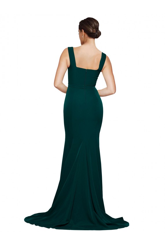 Cheap Fitted Square Neck Long Crepe Prom Dress with Train and Side Split UK