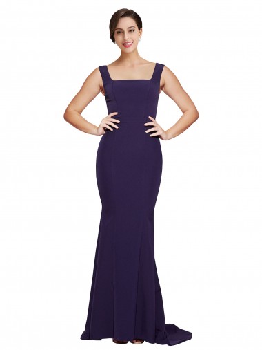 Cheap Square Neck Long Sweep Train Crepe Prom Dress with Thick Straps UK