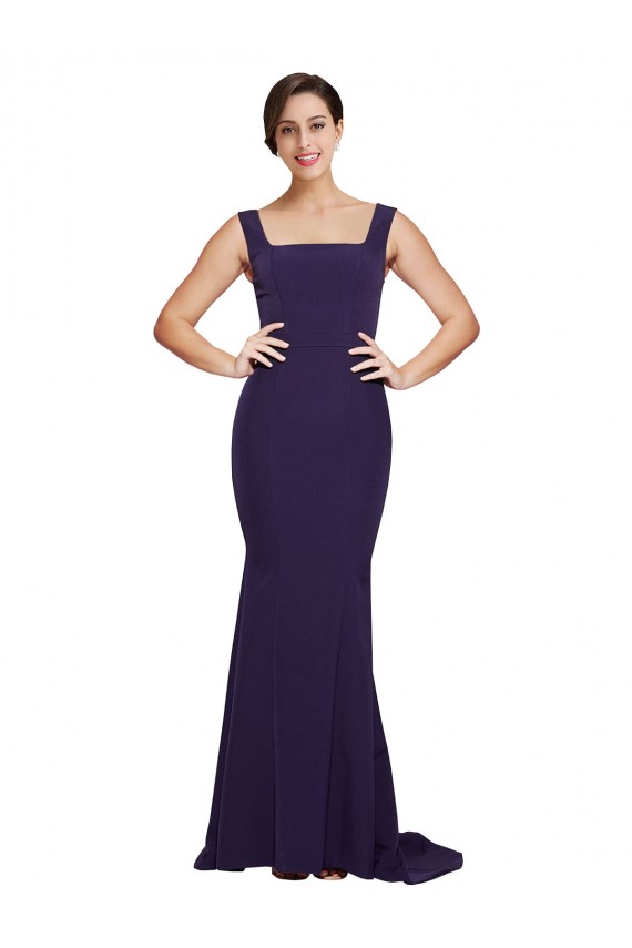 Cheap Square Neck Long Sweep Train Crepe Prom Dress with Thick Straps UK