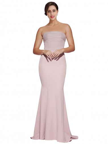 Cheap Straight Neck Long Strapless Crepe Prom Dress with Soft Tulle Overlay and Small Train UK