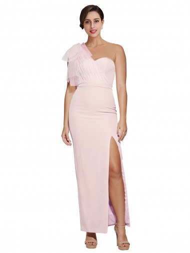 Cheap One Shoulder Tulle Overlay Sweetheart Neckline Long Crepe Prom Dress with Thigh Split UK