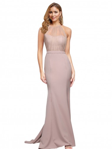 Cheap Long Sweetheart Crepe Prom Dress with High Neck Illusion Tulle Details UK