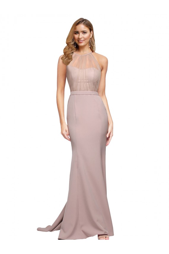 Cheap Long Sweetheart Crepe Prom Dress with High Neck Illusion Tulle Details UK