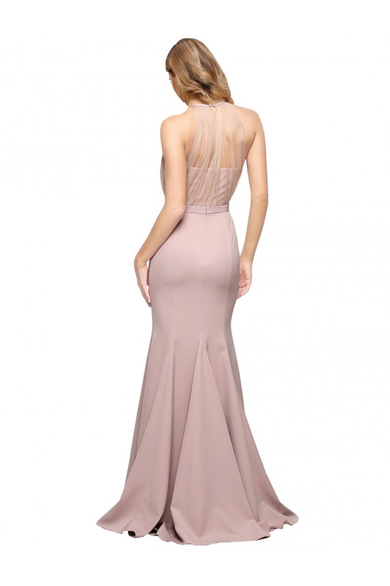 Cheap Long Sweetheart Crepe Prom Dress with High Neck Illusion Tulle Details UK
