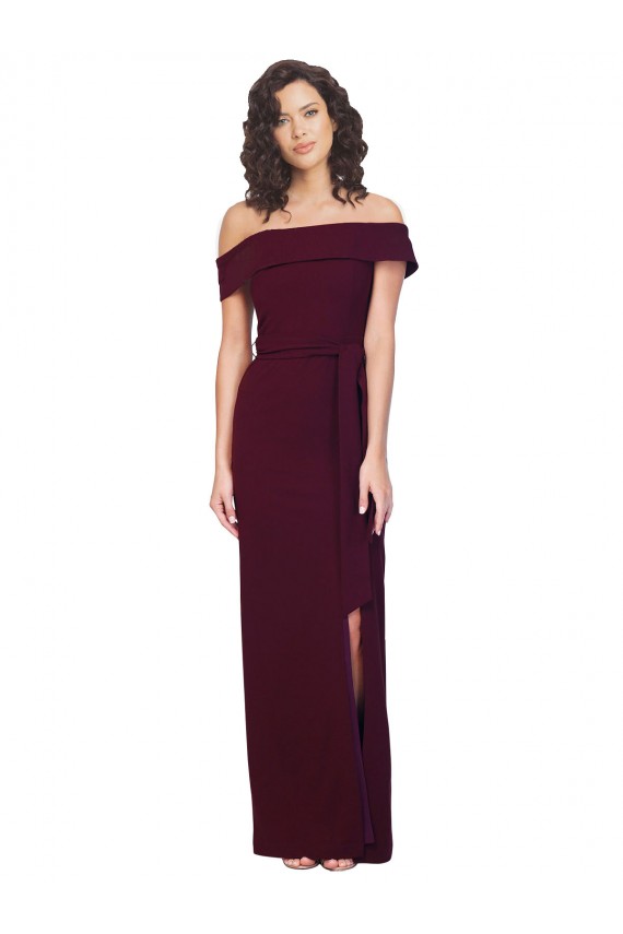 Cheap Fitted Full Length Off the Shoulder Crepe Prom Dress with Side Split and Waist Tie UK