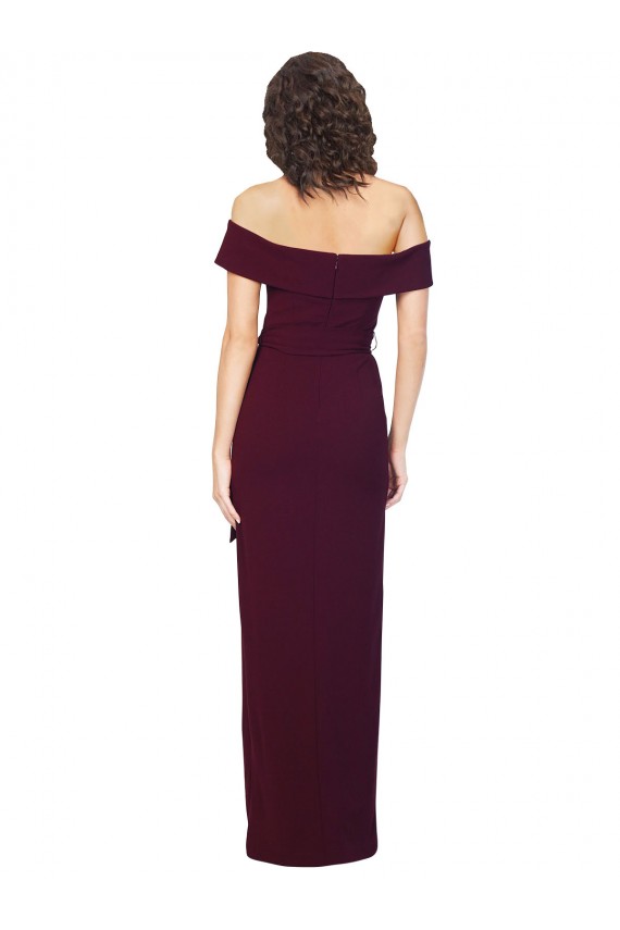 Cheap Fitted Full Length Off the Shoulder Crepe Prom Dress with Side Split and Waist Tie UK