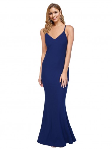 Cheap Full Length V-Neckline Crepe Prom Dress with Thin Straps and Fulted Skirt UK