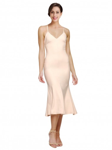 Cheap Midi Length V-Neckline Crepe Cocktail Prom Dress / Homecoming Dress with Thin Straps and Fulted Skirt UK