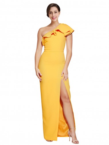 Cheap One Shoulder Floor Length Crepe Prom Dress with Thigh High Split UK