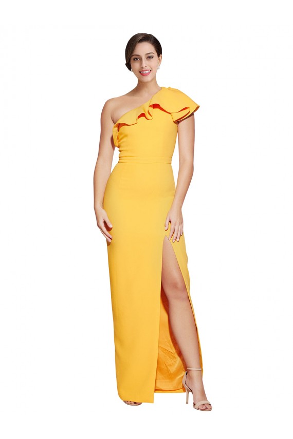 Cheap One Shoulder Floor Length Crepe Prom Dress with Thigh High Split UK