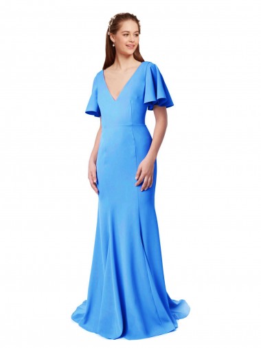 Cheap Short Sleeves Long V-Neck Crepe Prom Dress with V-Back UK