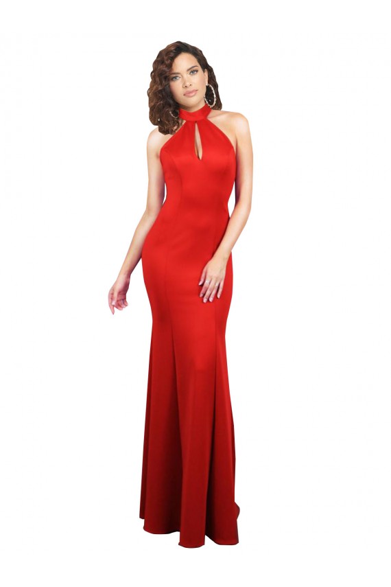 Cheap Halter Neck keyhole Front Back Long Stretch Satin Prom Dress UK
