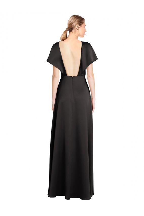 Cheap Cap Sleeves Open Back Long Stretch Satin Prom Dress UK