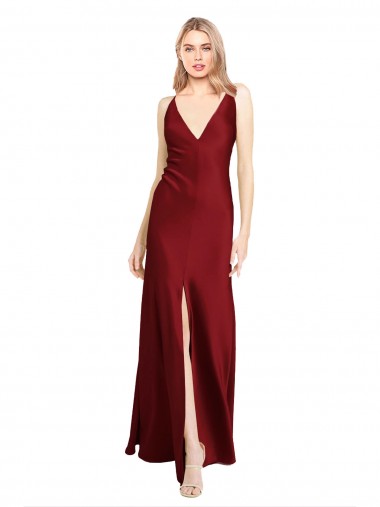 Cheap Floor Length Deep V-Back Stretch Satin Prom Dress with Front Slit UK