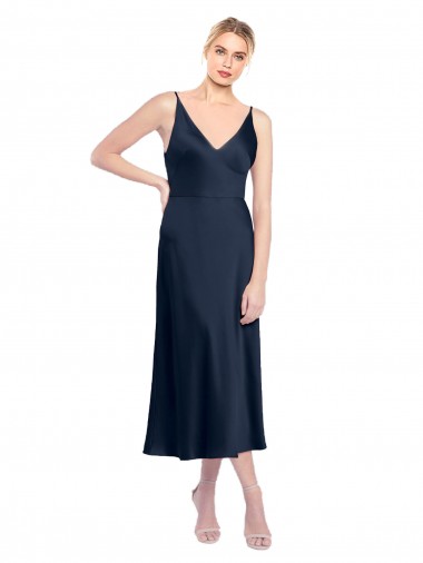 Cheap V-Neck Midi Length Short Stretch Satin Cocktail Prom Dress / Homecoming Dress V-Back UK