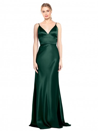 Cheap High V-Neck Long Full Length Sheath Stretch Satin Prom Dress UK