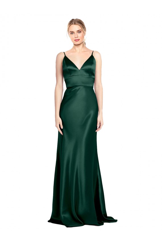 Cheap High V-Neck Long Full Length Sheath Stretch Satin Prom Dress UK